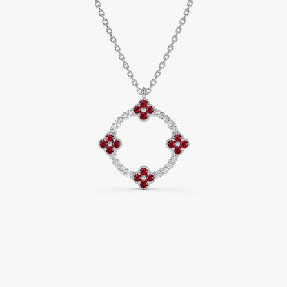 14k Solid Gold Ruby and Diamond Round Clover Necklace 0.32 Carat