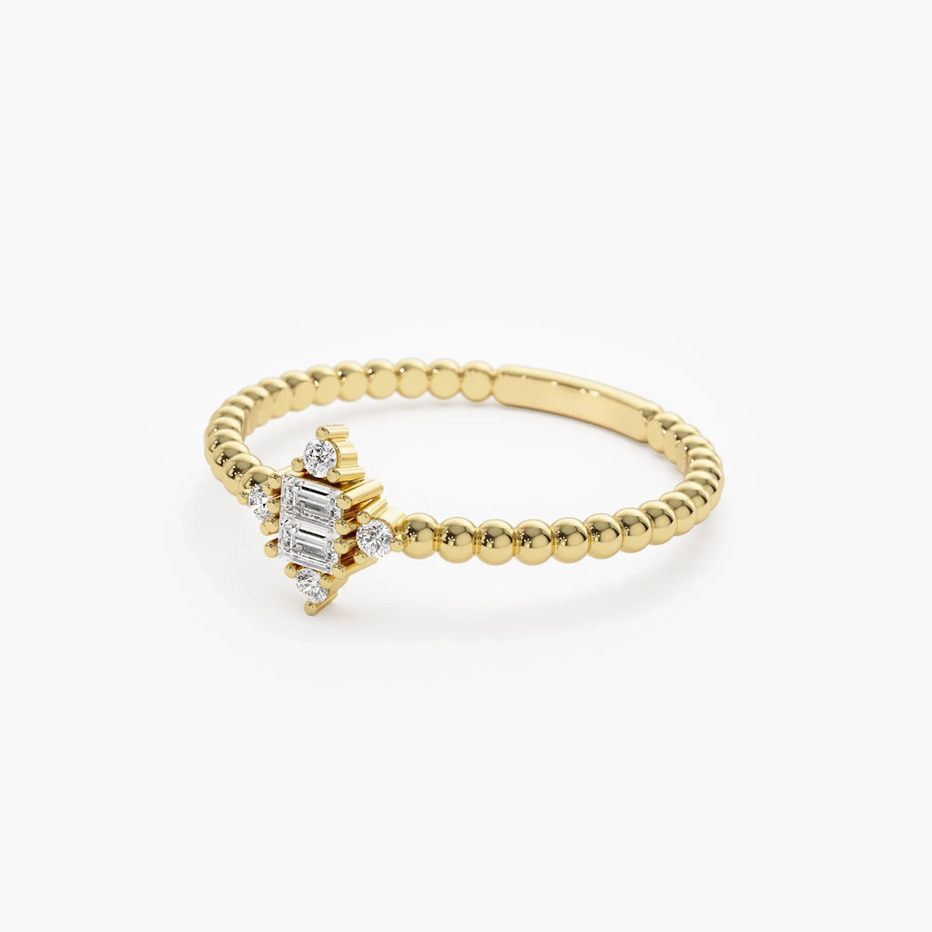 14k Solid Gold Baguette and Round Diamond Beaded Stacking Ring 0.12 ctw