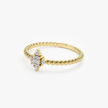 14k Solid Gold Baguette and Round Diamond Beaded Stacking Ring 0.12 ctw