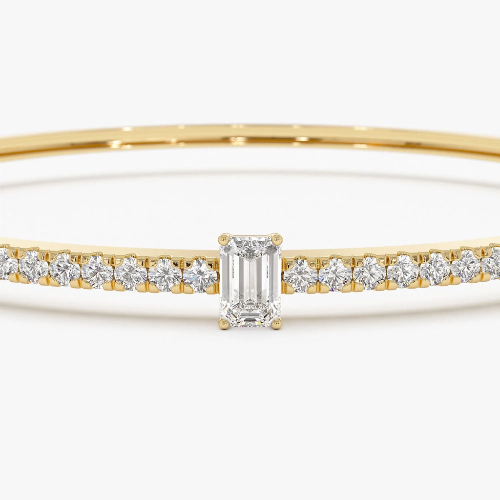 14K Solid Gold 1.05 CTW Emerald Cut and Round Diamond Bangle