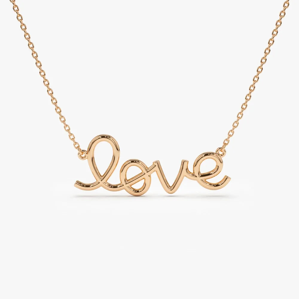 14k Solid Gold Wire Script Love Word Pendant Necklace