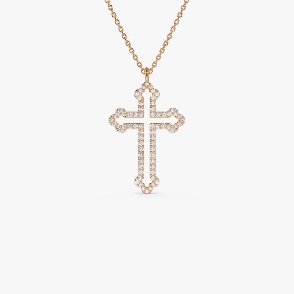 14K Solid Gold Round Diamond Pave Cross Pendant Necklace 0.29ctw