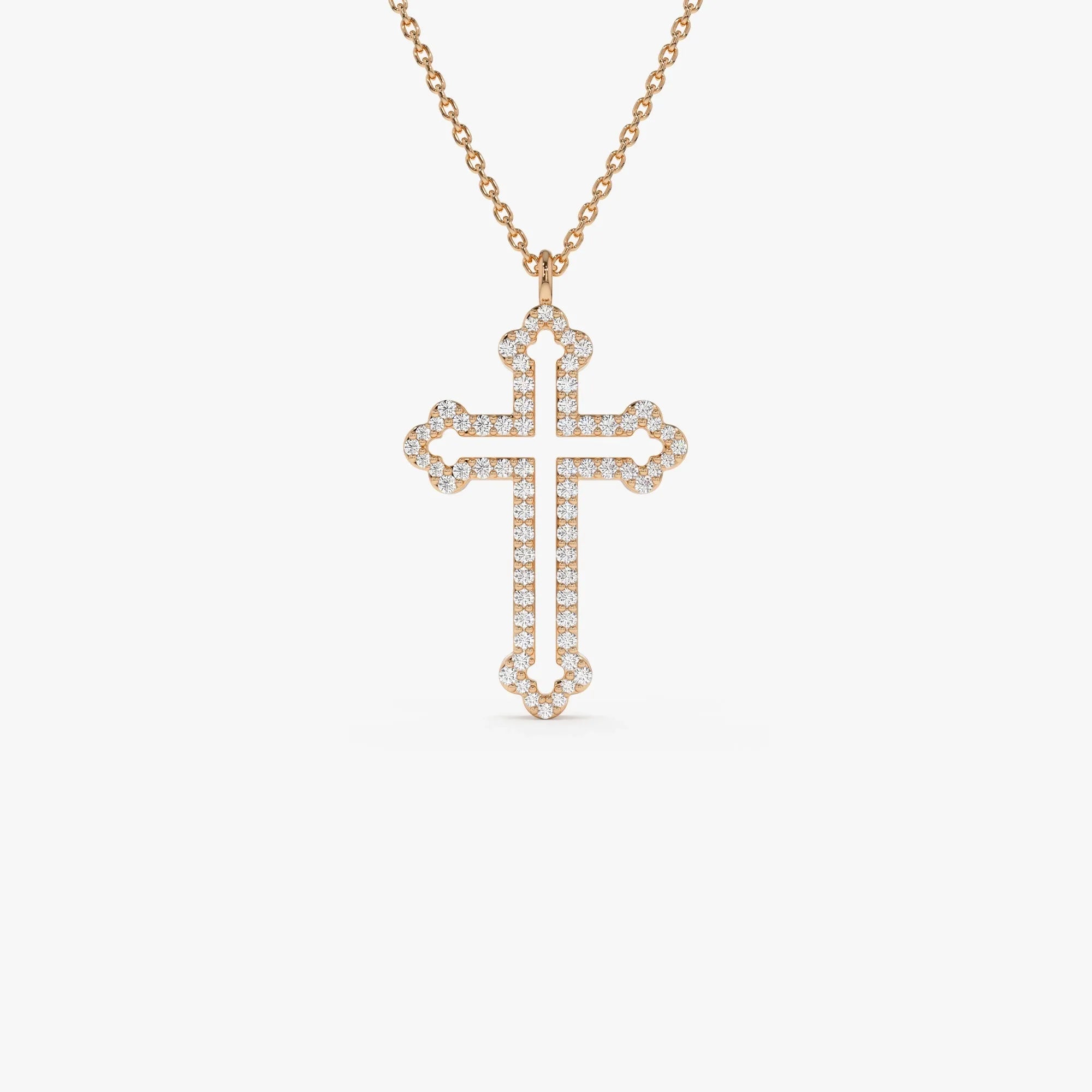14K Solid Gold Round Diamond Pave Cross Pendant Necklace 0.29ctw