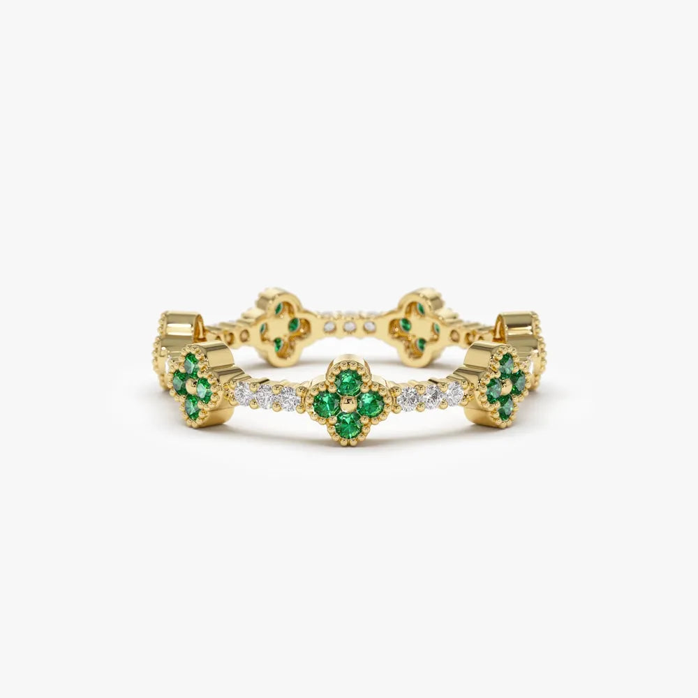14K Solid Gold Round Emerald and Diamond Full Eternity Clover Ring 0.44 CTW