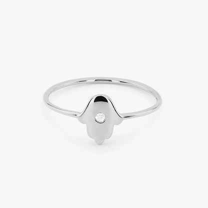 14K Gold Round Diamond Hamsa Ring Burnish Setting .03 CTW