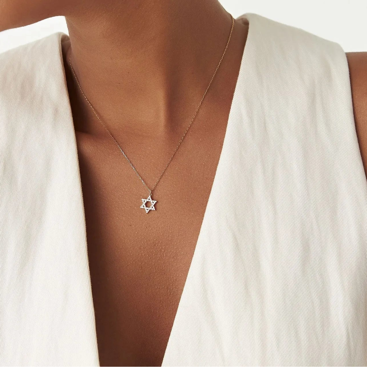 14K Solid Gold 0.18 CTW Round Diamond Star of David Necklace