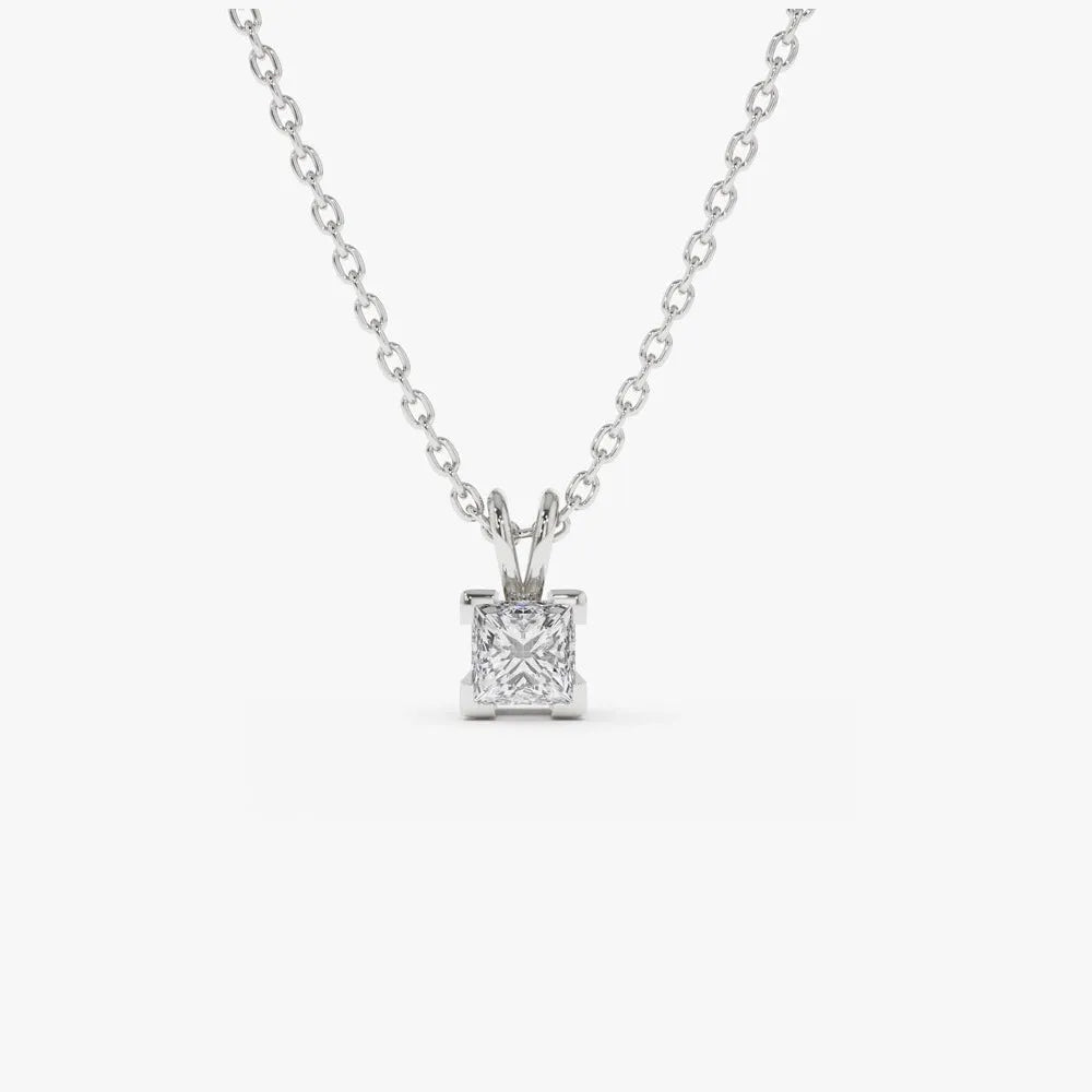 14K Solid Gold Princess Cut Diamond Solitaire Pendant Necklace Square Prong Setting 0.25ctw