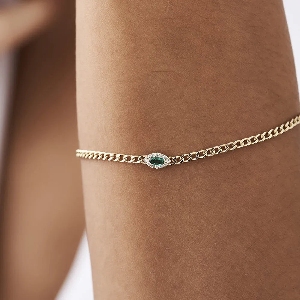14k Gold 0.10ct Marquise Emerald and Round Diamond Curb Link Bracelet
