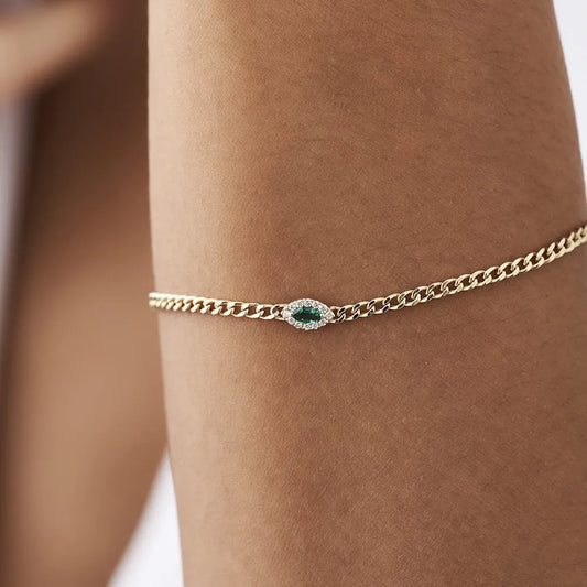 14k Gold 0.10ct Marquise Emerald and Round Diamond Curb Link Bracelet
