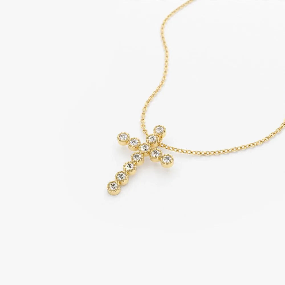 14K Solid Gold Round Diamond Cross Pendant Necklace Milgrain Bezel Set 0.20ctw