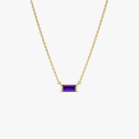 14k Solid Gold Amethyst Baguette Birthstone Necklace 0.35 Carat