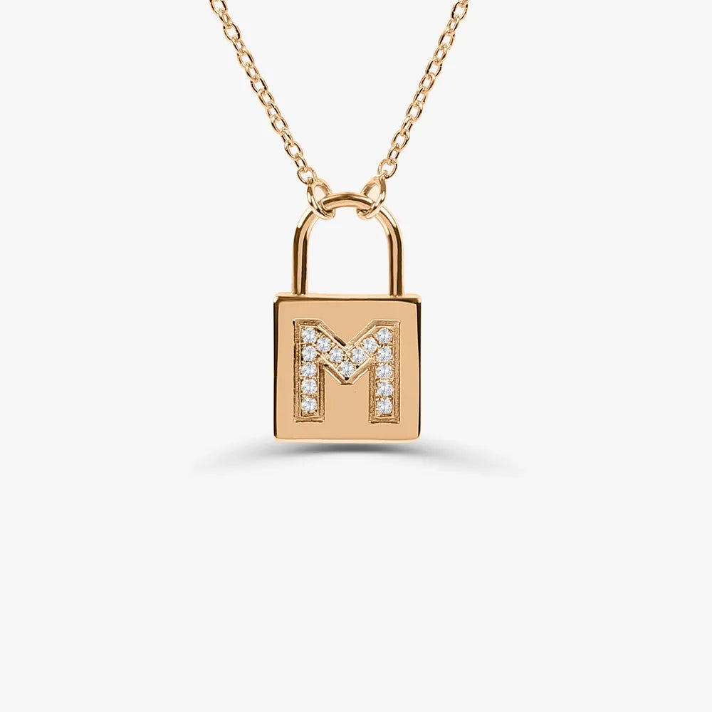 14K Solid Gold Round Diamond Micro Pave Padlock Initial Pendant Necklace 0.12ctw