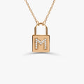 14K Solid Gold Round Diamond Micro Pave Padlock Initial Pendant Necklace 0.12ctw