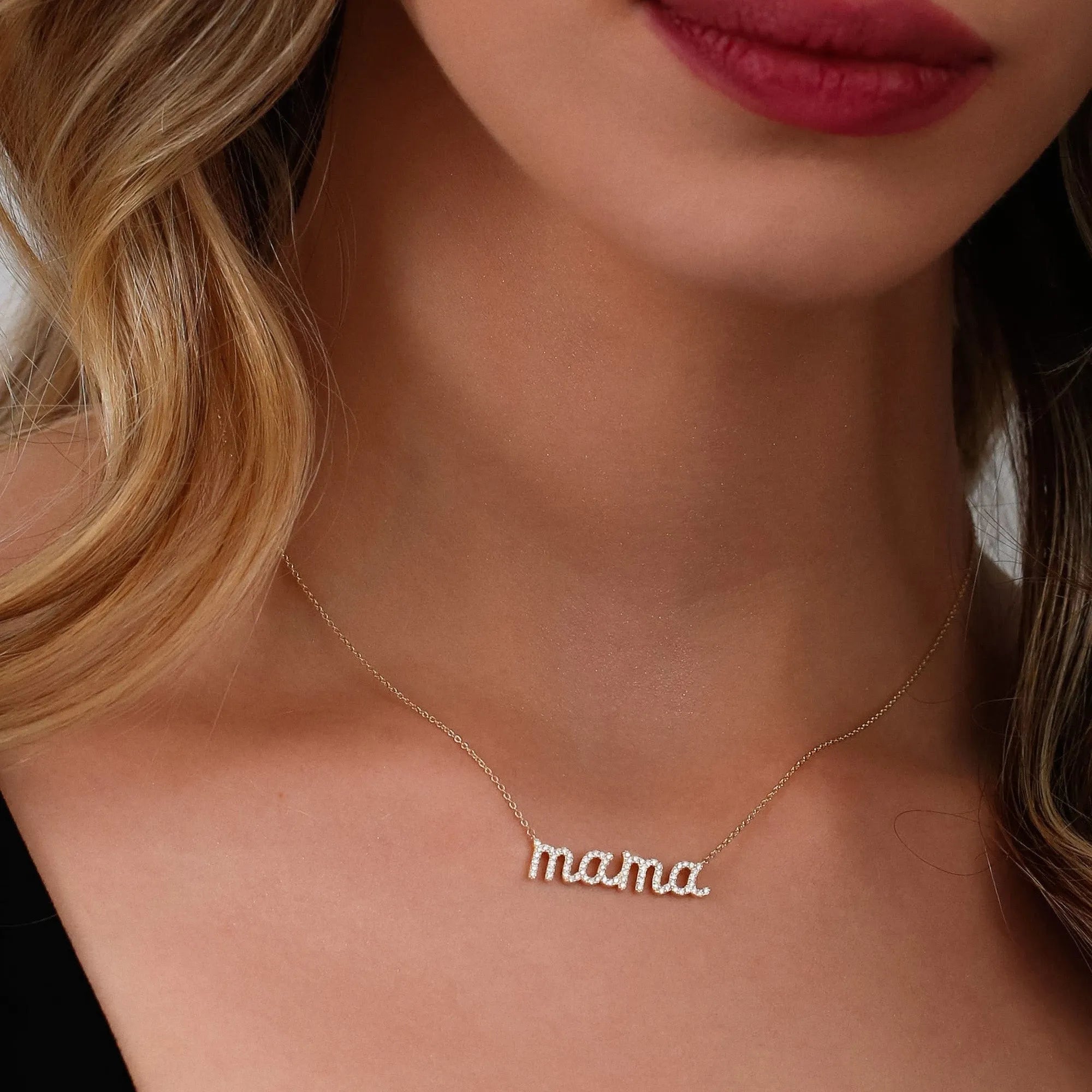 14k Solid Gold Round Diamond 0.30 CTW Micro Pave Script Mama Necklace