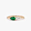 14K Solid Gold Pear Emerald and Round Diamond Three Stone Ring 0.30 CTW Handcrafted Jewelry
