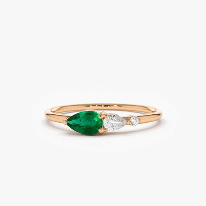 14K Solid Gold Pear Emerald and Round Diamond Three Stone Ring 0.30 CTW Handcrafted Jewelry