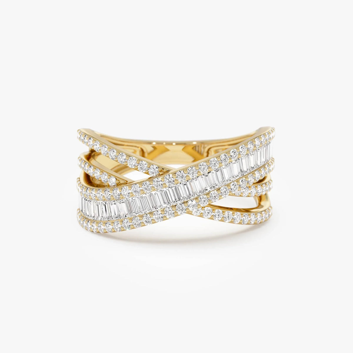 14k Solid Gold Baguette and Round Diamond 0.85 Carat Multi Row Criss Cross Band Ring