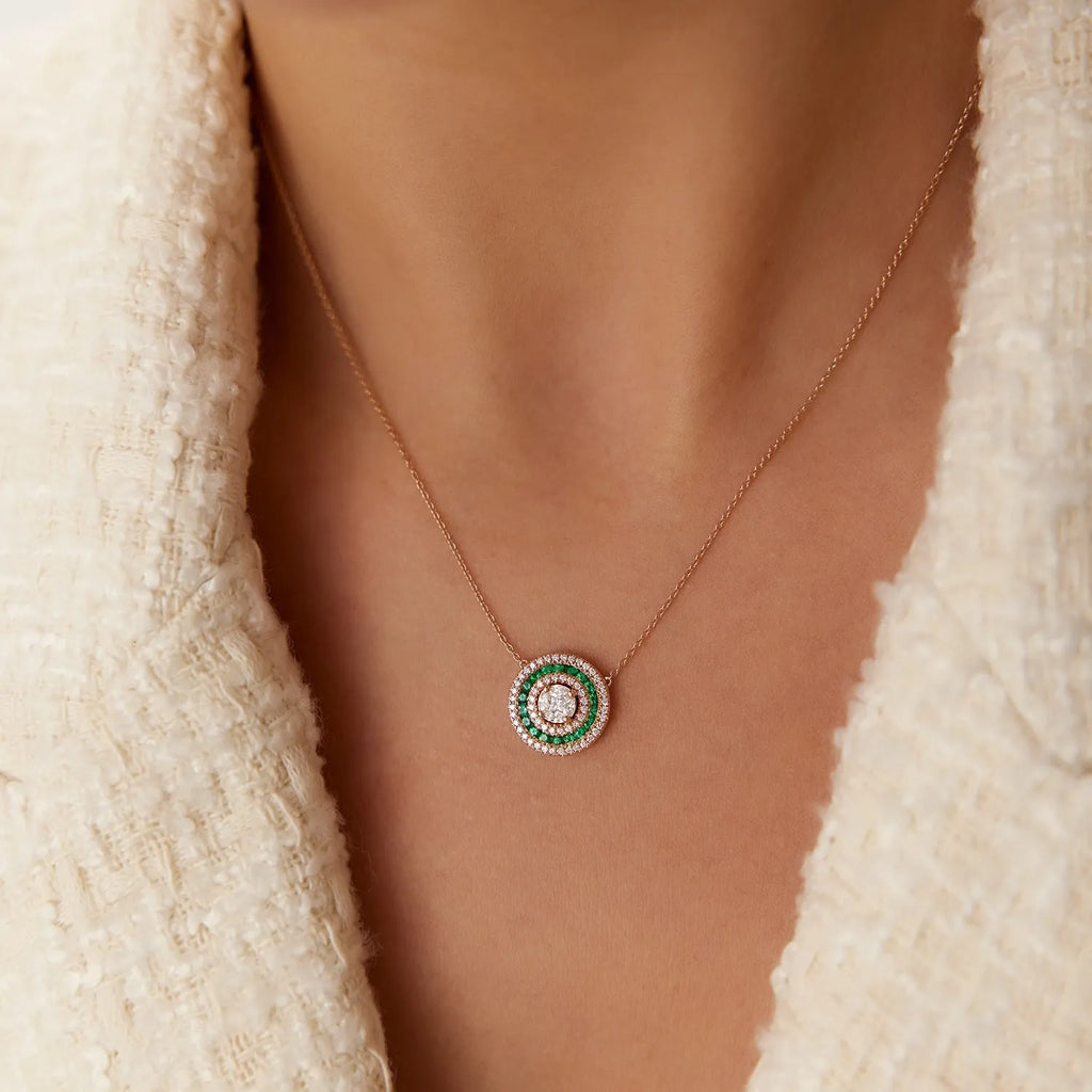 14k Solid Gold Round Marquise and Princess Cut Diamond 0.45 CTW Emerald 0.30 CTW Illusion Setting Necklace