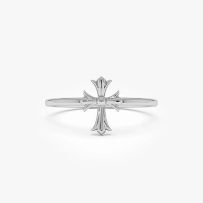 14k Gold Cathedral Cross Ring Wide Band with 9.2mm Motif