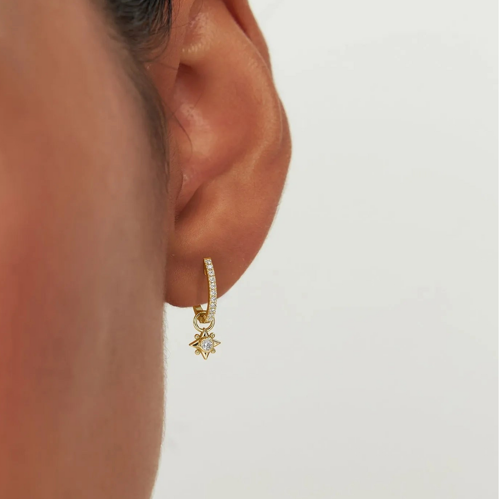 14k Gold Diamond Starburst Hoop Earring Charm 0.03 ctw