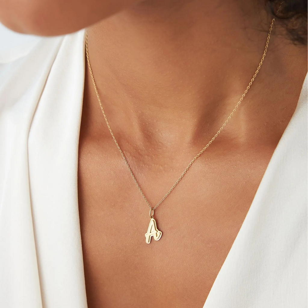 14k Solid Gold 3D Layered Script Font Initial Pendant Necklace