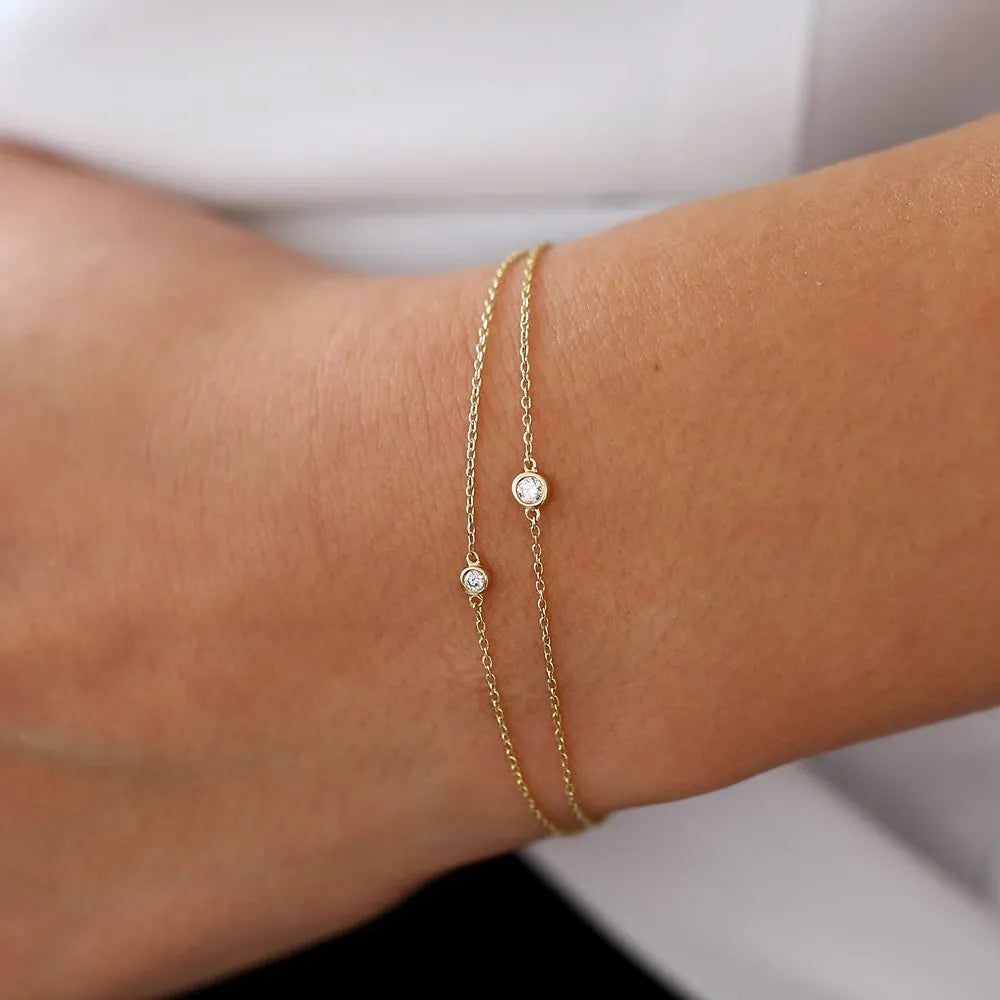 14K Solid Gold 0.10 CTW Round Diamond Bezel Set Solitaire Bracelet