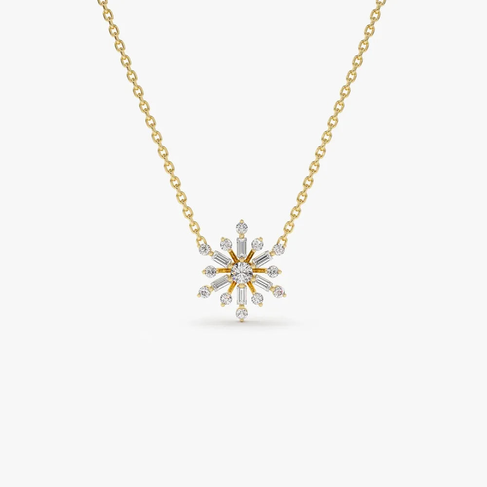 14K Solid Gold Baguette and Round Diamond Snowflake Pendant Necklace 0.25ctw