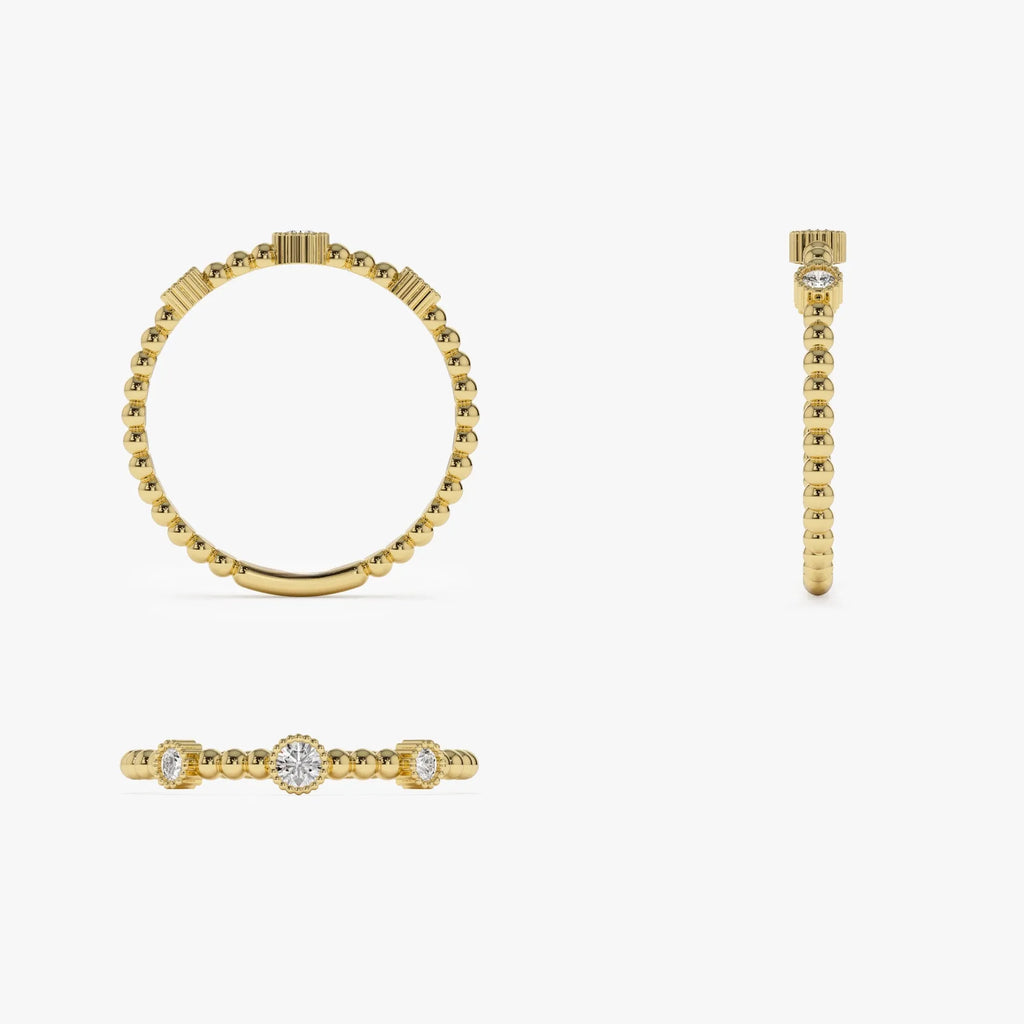 14k Solid Gold Round Diamond 0.12 ctw Three Bezel Setting Bead Band Ring