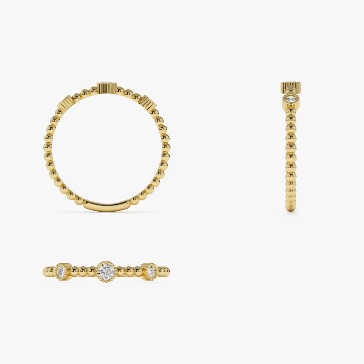 14k Solid Gold Round Diamond 0.12 ctw Three Bezel Setting Bead Band Ring