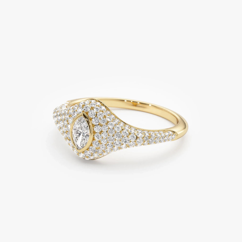 14k Solid Gold Marquise and Round Diamond 0.85 Carat Pave Setting Signet Ring