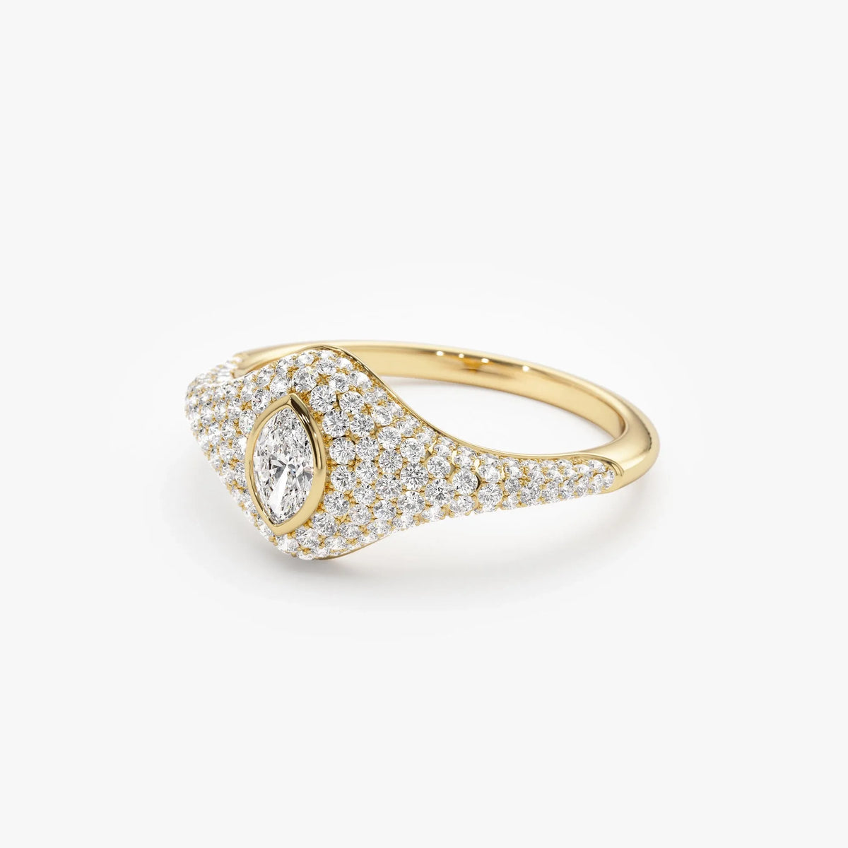 14k Solid Gold Marquise and Round Diamond 0.85 Carat Pave Setting Signet Ring