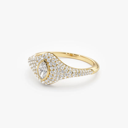 14k Solid Gold Marquise and Round Diamond 0.85 Carat Pave Setting Signet Ring