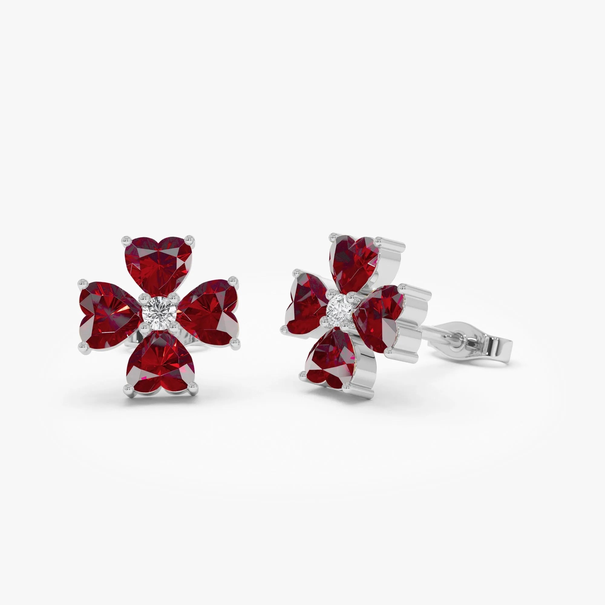 14K Solid Gold Heart Shaped Garnet and Diamond Four Leaf Clover Stud Earrings