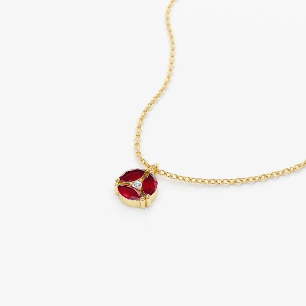 14k Solid Gold Ruby and Diamond Marquise Cluster Necklace 0.33 Carat Prong Setting