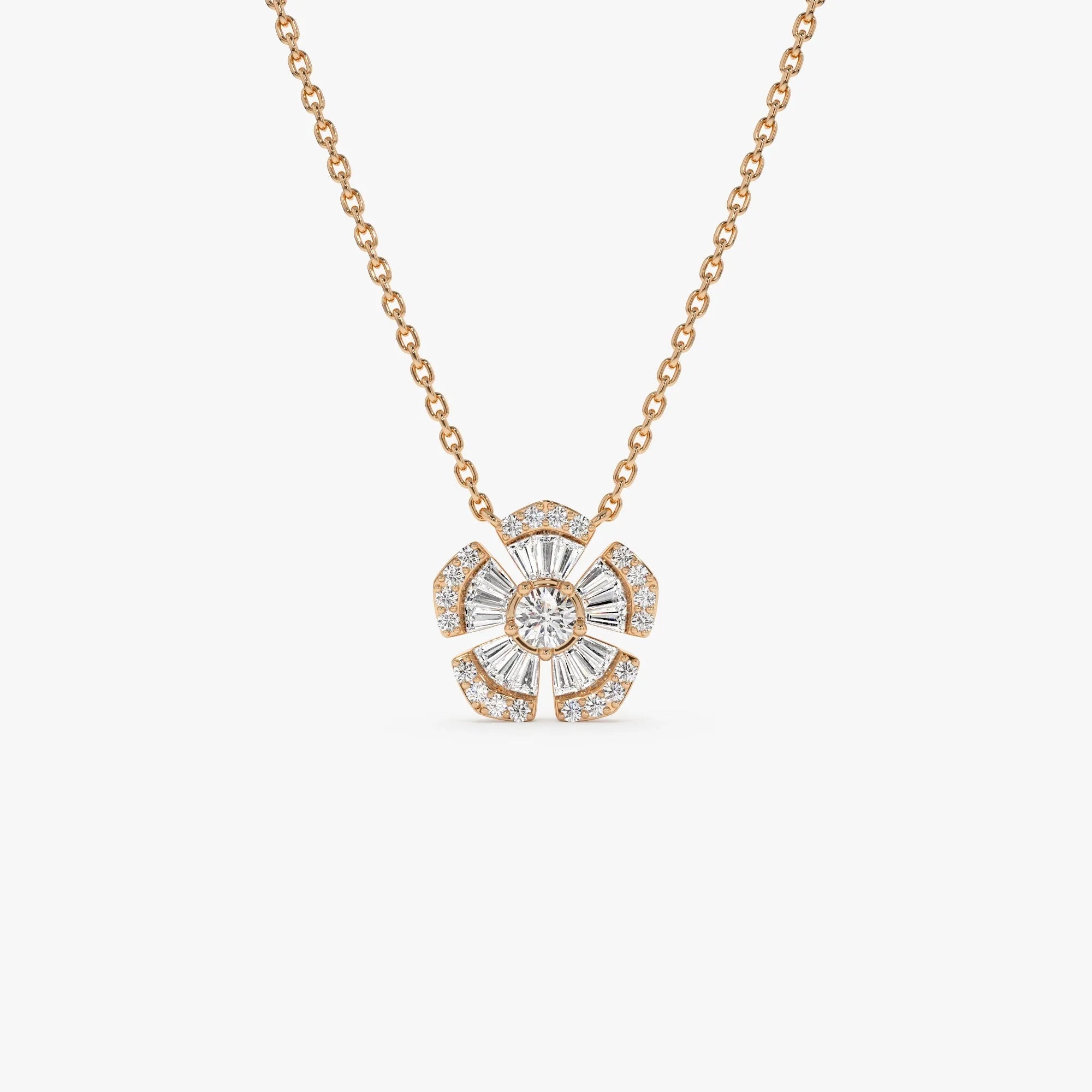 14K Solid Gold 0.40 CTW Baguette and Round Diamond Flower Necklace