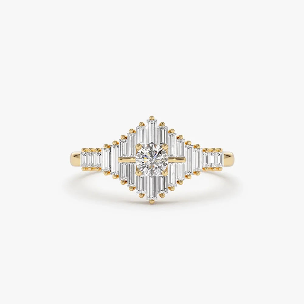 14k Gold Round and Baguette Diamond Art Deco Ring 0.82 ctw