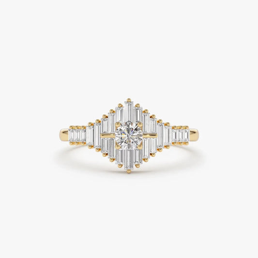 14k Gold Round and Baguette Diamond Art Deco Ring 0.82 ctw