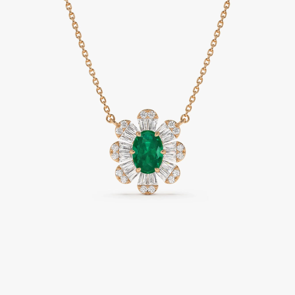 14k Solid Gold Oval Emerald and Baguette Round Diamond 0.65 CTW Necklace