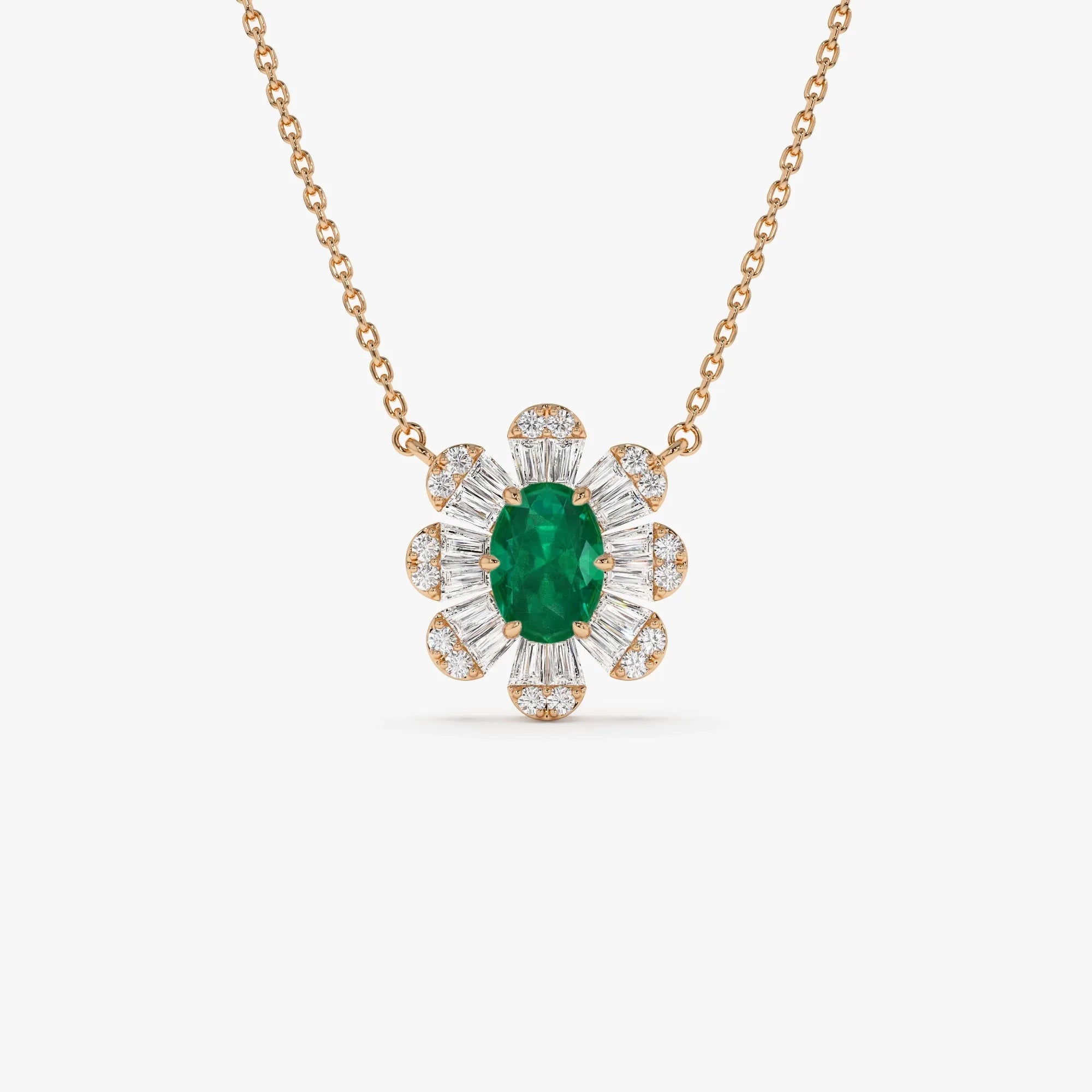 14k Solid Gold Oval Emerald and Baguette Round Diamond 0.65 CTW Necklace