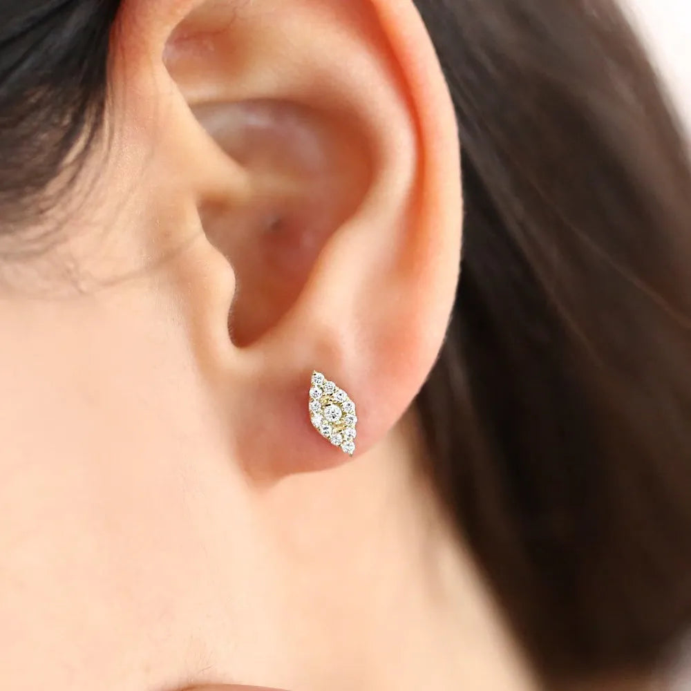 14k Gold Diamond Round Cut Evil Eye Stud Earrings Micro Pave 0.25 ctw