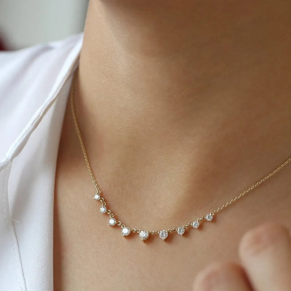 14K Solid Gold Round Diamond Graduating Necklace Prong Setting 1.05ctw