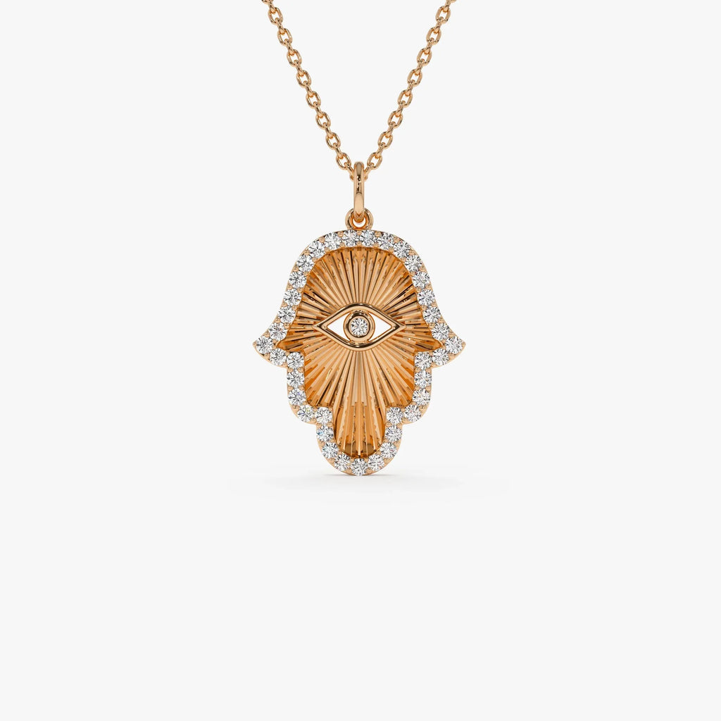14K Solid Gold 0.35 CTW Round Diamond Hamsa Evil Eye Hand of Fatima Necklace