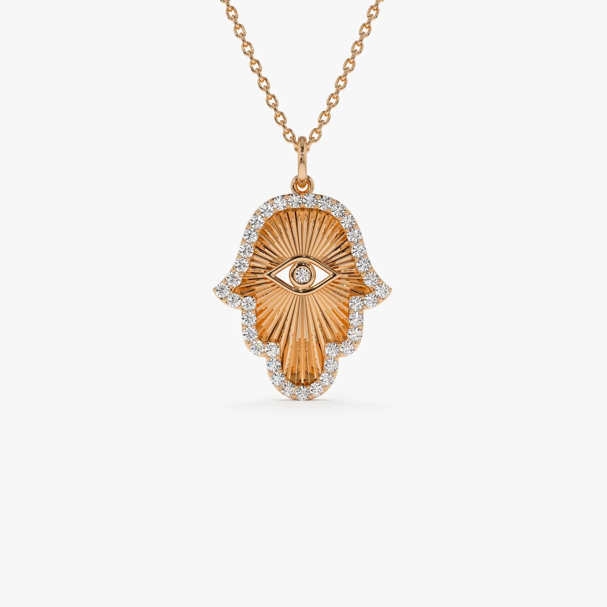 14K Solid Gold 0.35 CTW Round Diamond Hamsa Evil Eye Hand of Fatima Necklace