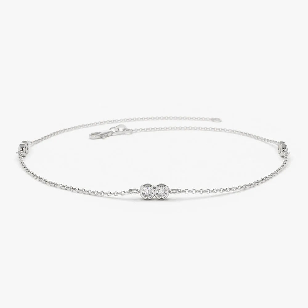 14K Solid Gold Round Diamond Double Station Chain Bracelet Bezel Setting 0.18 Carat