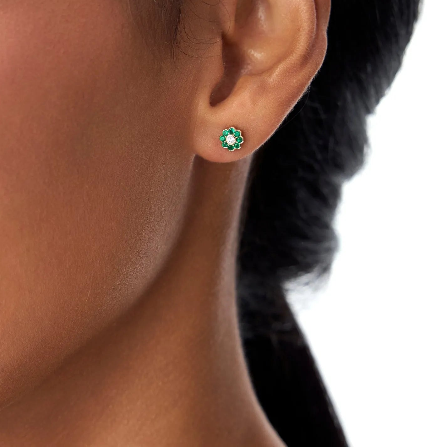 14k Solid Gold Round Emerald and Diamond Flower Bezel Set Stud Earrings 0.49 ctw
