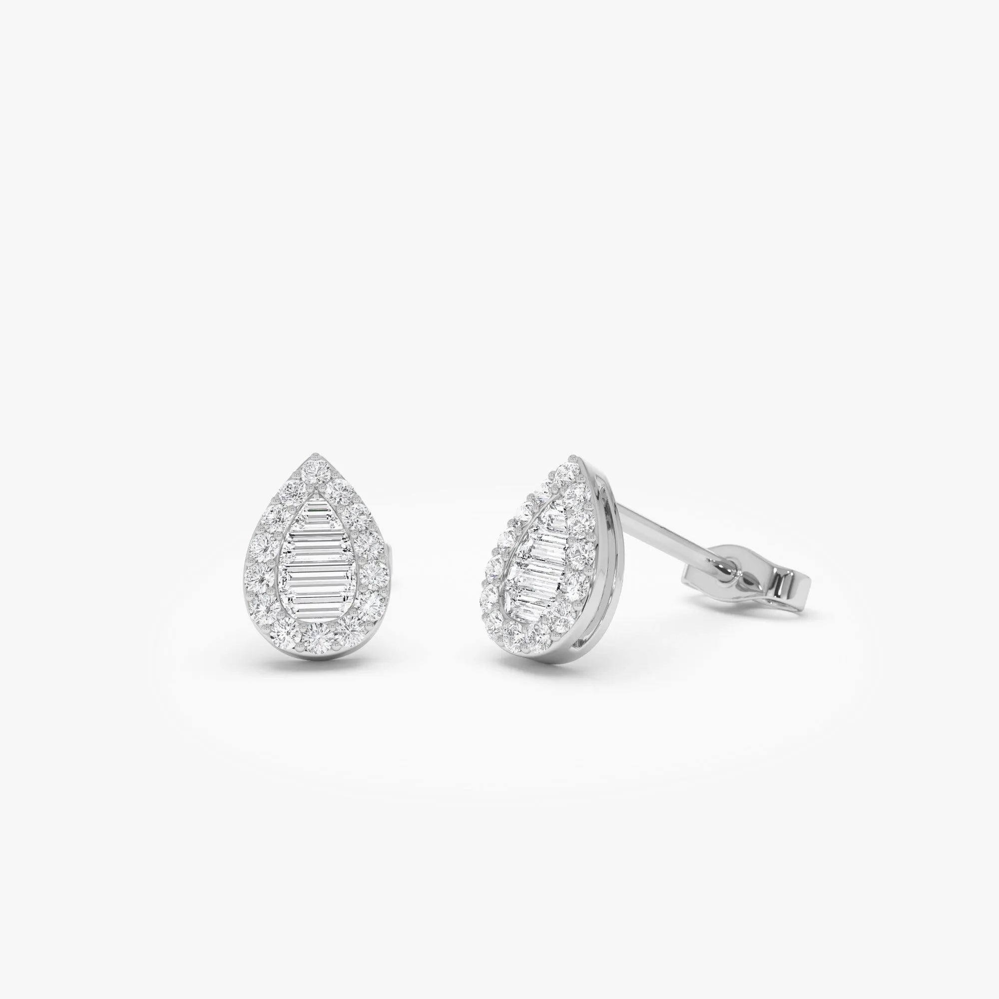 14k Gold Diamond Baguette and Round Cut Pear Stud Earrings 0.35 ctw