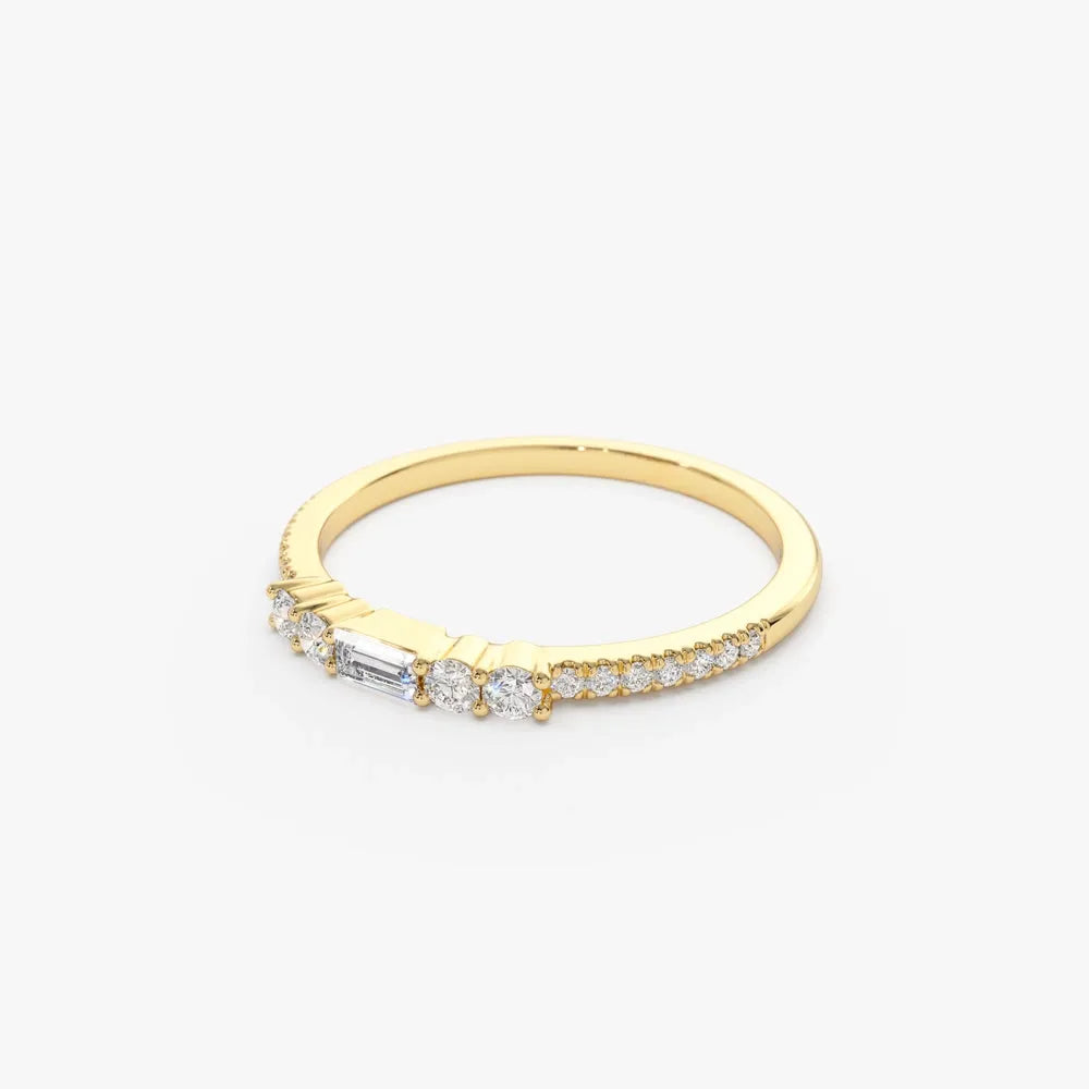 14K Gold Baguette and Round Diamond Stackable Ring 0.19 ctw