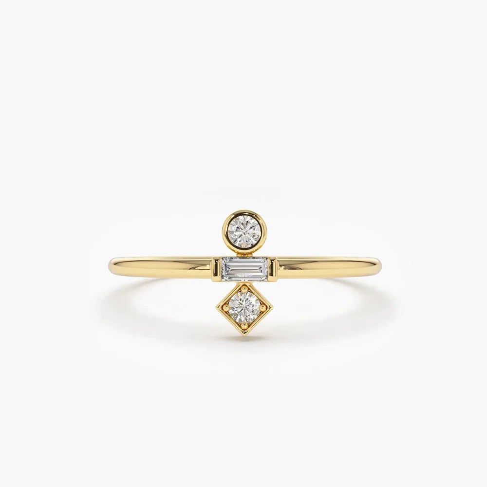 14K Solid Gold Baguette and Round Cut Diamond Trio Ring 0.13 CTW Channel and Bezel Setting
