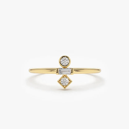 14K Solid Gold Baguette and Round Cut Diamond Trio Ring 0.13 CTW Channel and Bezel Setting
