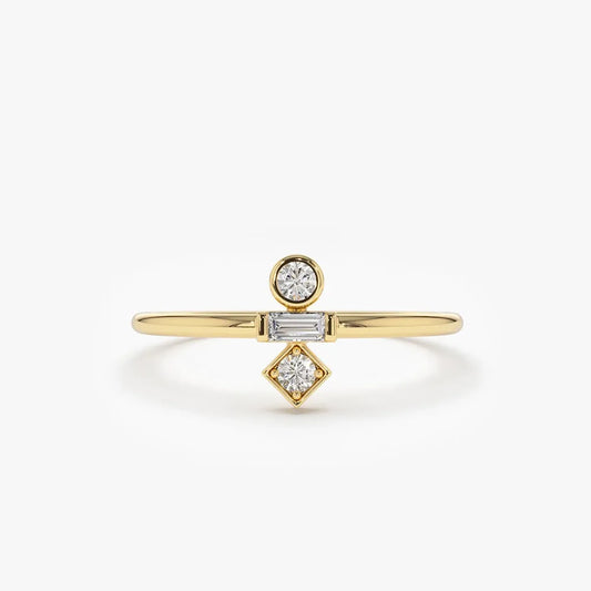 14K Solid Gold Baguette and Round Cut Diamond Trio Ring 0.13 CTW Channel and Bezel Setting